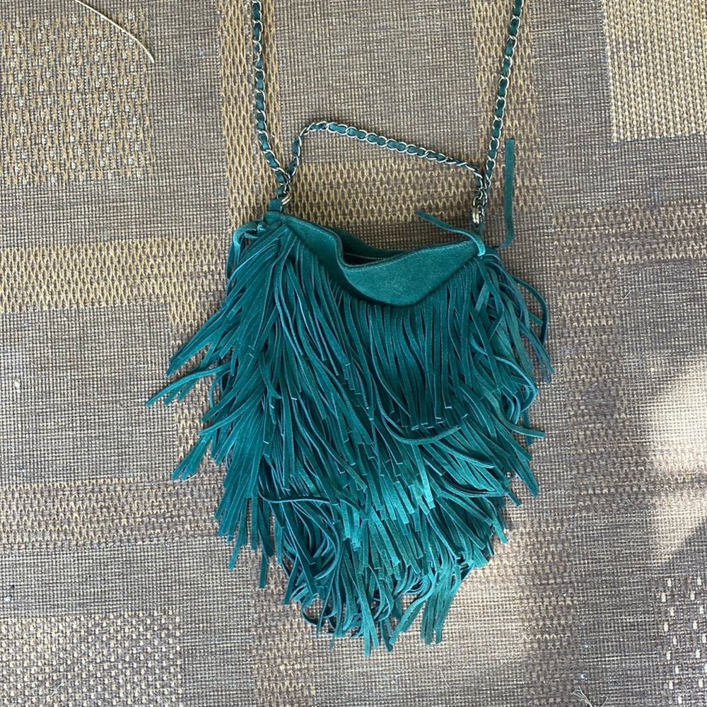 Green leather fringe bag UO
